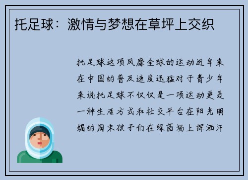 托足球：激情与梦想在草坪上交织