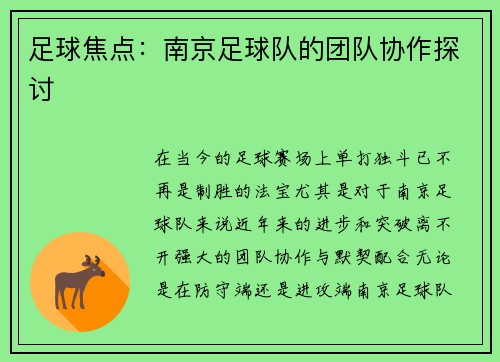 足球焦点：南京足球队的团队协作探讨