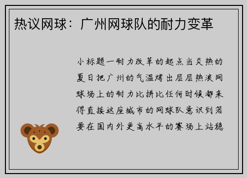 热议网球：广州网球队的耐力变革