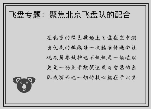 飞盘专题：聚焦北京飞盘队的配合