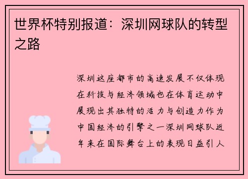 世界杯特别报道：深圳网球队的转型之路
